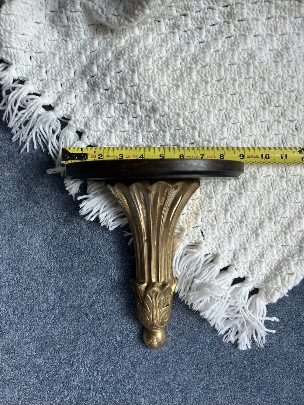 Ornate Vintage Brass and Dark Wood Wall Shelf Brackets - Pair